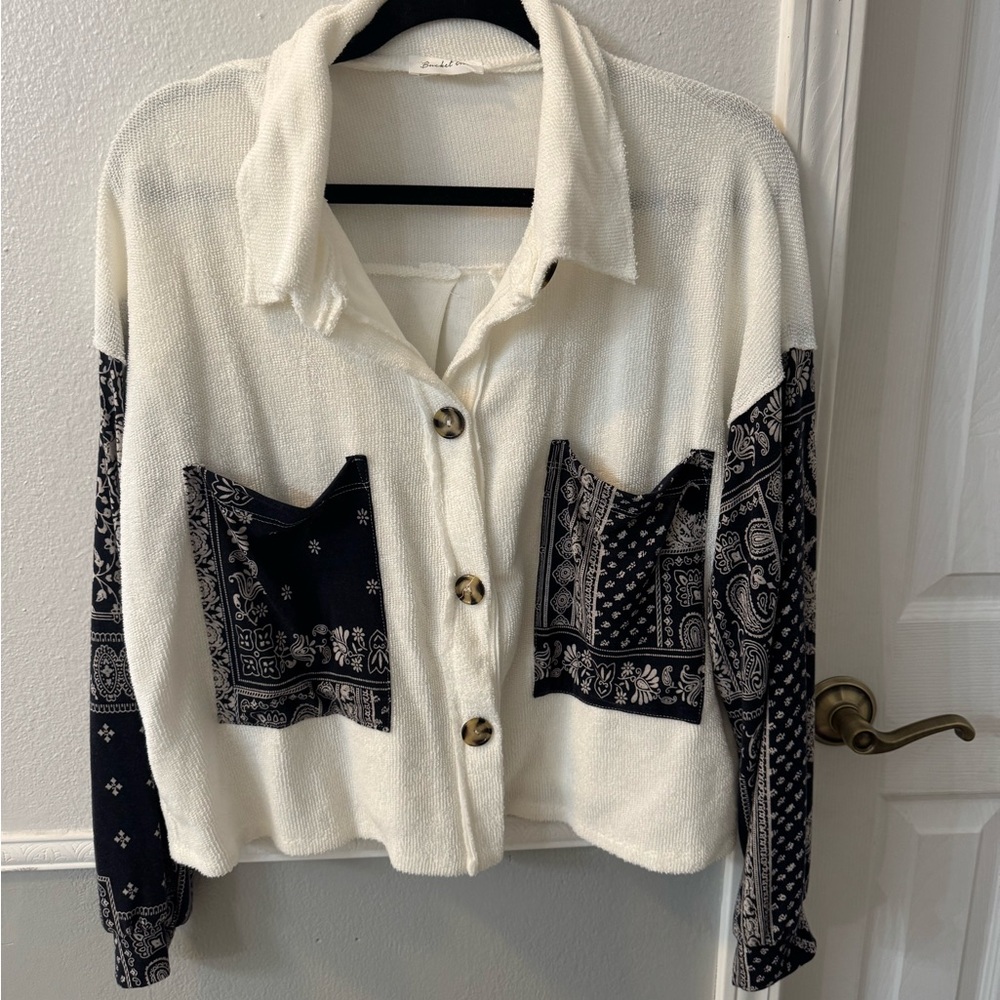 BUCKETLIST Cream and Black Patterned Button-Up Top